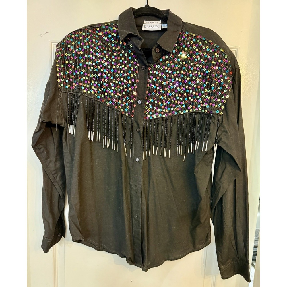 Vintage 1992 Khazana Black Western‎ Shirt Sequin Beaded Fringe L Shoulder Pads